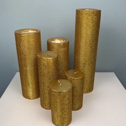 6 Sparkly Gold Pillar Candles 