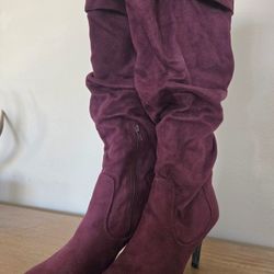 Women's Burgundy Faux Suede Knee High Slouch Boots Zip Rounded Toe