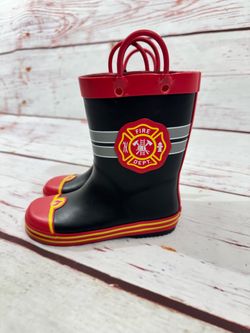 Toddler Boy Firefighter Rescue Pull On Rubber Waterproof Rain Boots NWT dress up Halloween costume boys kids SZ 11/12