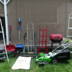 Various Yard Tools Lawn Mower Dollies Trimmer Seed Spreader Grill Ladders