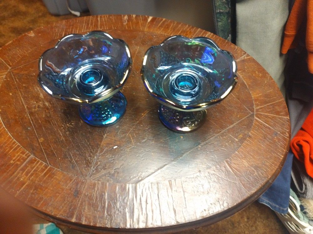 338: c1960s: Indiana Blue Carnival Glass: Grapes & Vine Candle Holders