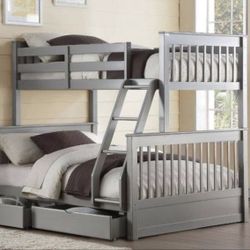 Brand New French Gray Twin/Full Bunk Bed with Storage Drawers