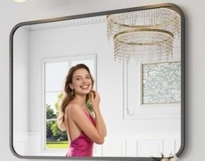 Koonmi Bathroom Mirror, 28X32 Inch Black Metal Framed Mirror for Bathroom, Tempered Glass, Anti-Rust, Rounded Rectangle Mirror for Restroom, Bedroom,
