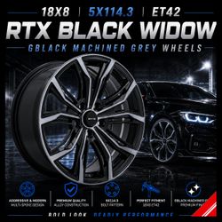 🔥18x8 5x114.3 RTX BLACK WIDOW BLACK MACHINED GREY WHEELS 🔥