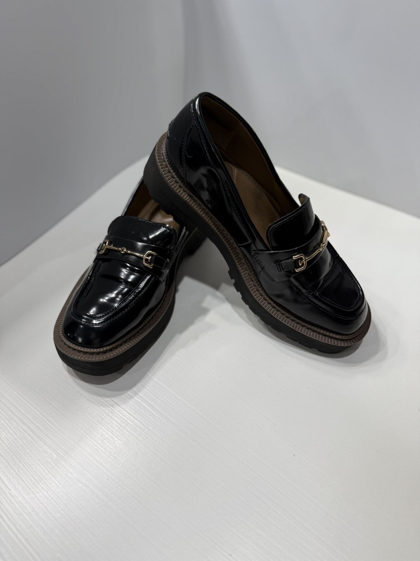 Black Leather Loafer With Gold Buckle Detail