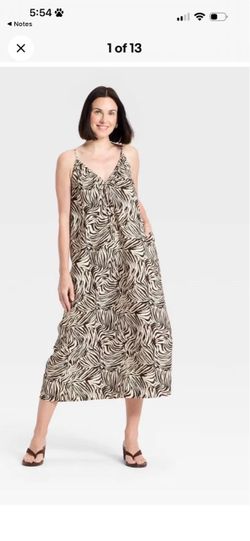 Zebra Print V-Neck Spaghetti Strap Midi Dress - Brown & Cream