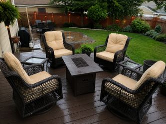 Brown Outdoor Swivel Gliding Chair + Firepit Bundle Patio Set