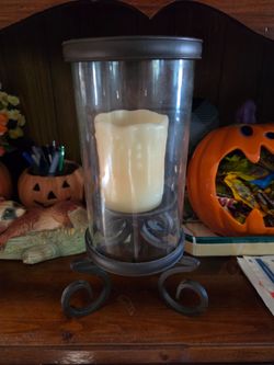 Vintage Wrought Iron Scroll Hurricane Candle Holder with Glass Cylinder & LED Pillar Candle