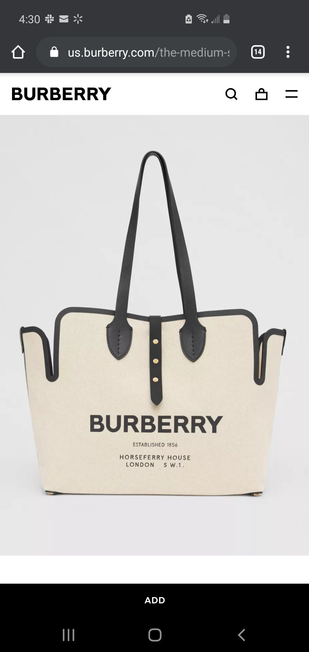Burberry Designer Medium Soft Cotton Canvas Belt Tote Bag NEW WITH TAGS