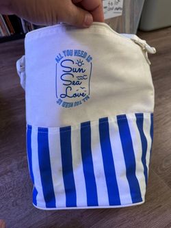 "Sun Sea Love" Insulated Cooler Tote Bag - Blue & White Stripe