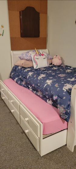 White Twin Captain's Bed with Trundle and Drawers