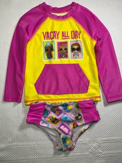 NWT Girl’s LOL Surprise 2 piece Swim Suit Long Sleeve Rash Guard Sun Tee Size 4T