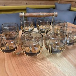 vintage Mid Century Gold Roman Coins Roly Poly Tumbler Set with Caddy/ Set Of 8