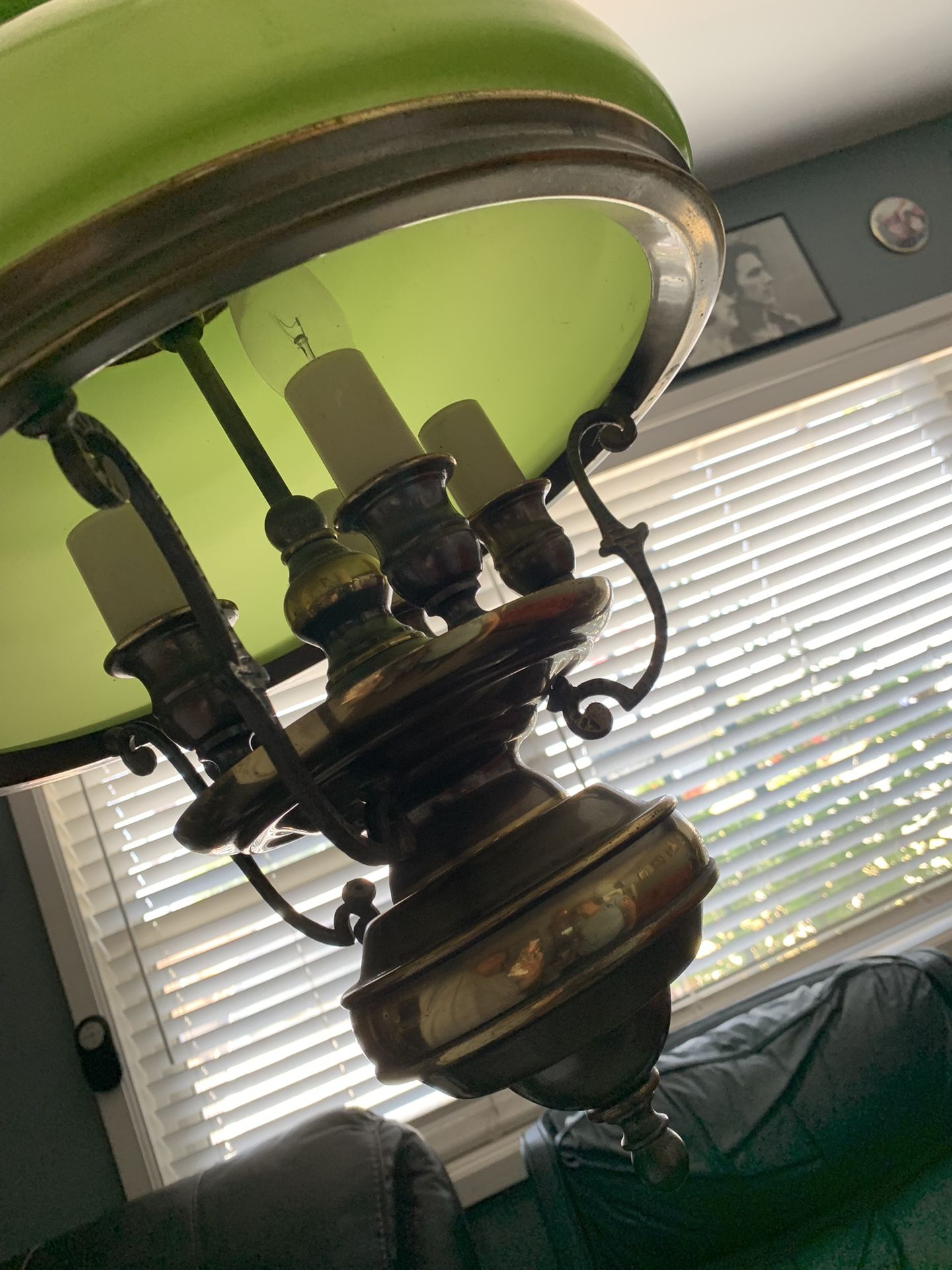 Antique Victorian 19 century green opaline glass bronze ceiling chandelier