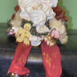 Vintage Holiday Christmas Sitting Santa Clause with Hanging Legs Ceramic Toy Decoration 9.5” L