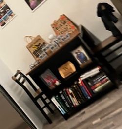 Black Wood Bookshelf with Shelves table with 2 chairs