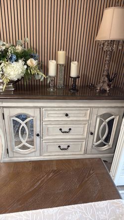 Distressed White Buffet Sideboard with Mirrored Doors