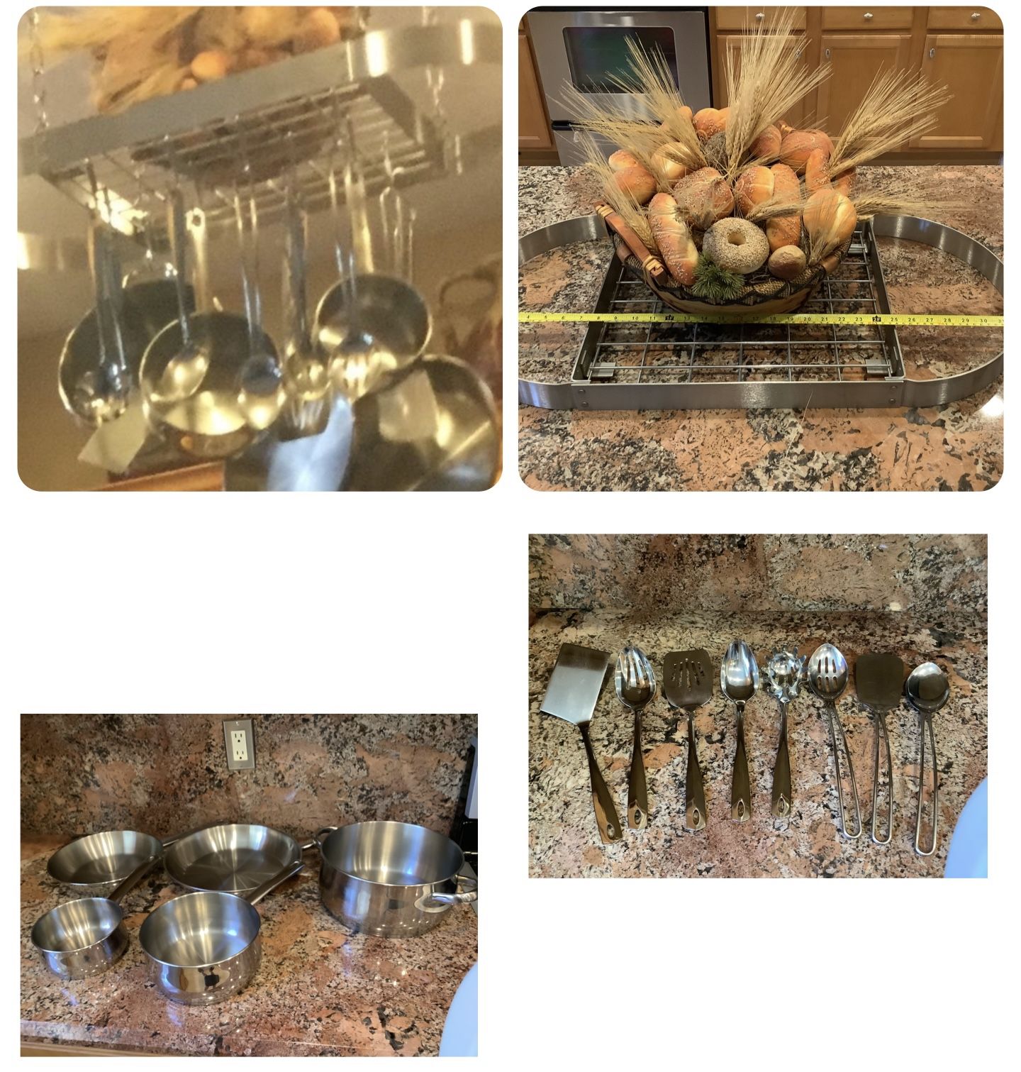 Hanging octagon pot rack hanger with Pans Set (No Lids), Utensils and Decorative Bread Basket
