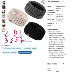 Winter Headbands for Women 3 Pack, Ear Warmers for Women Headband Wool Knit Thick Fleece Lined, Cold Weather Warm Ear Muffs(Black&Beige&Dark Gray)