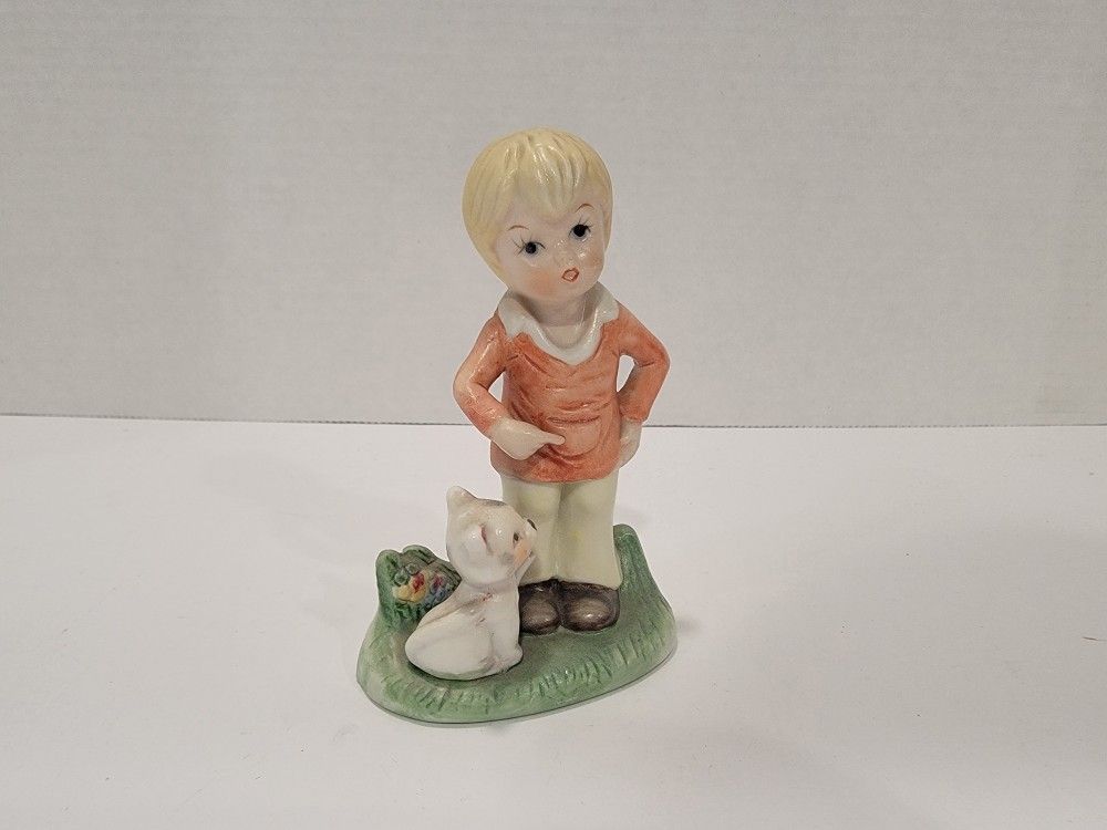 Vintage Ceramic Yellow Haired Boy With Cat Figurine ~ 4.75"×3"