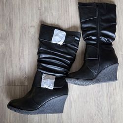 Women’s Black Mid-Calf Wedge Boots – Size 8 – Side Zip – Buckle Detail – New Without Box