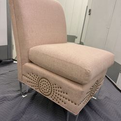 CR Laine Custom Upholstered Accent Chair – Blush Pink & Acrylic