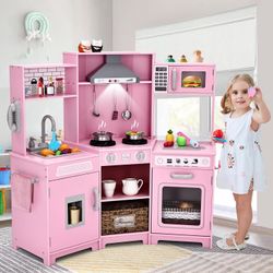 Kids Play Kitchen,Corner Wooden Pretend Toddler Kitchen Toys Playset with Realistic Lights & Sounds,Microwave Oven,Water Dispenser, Phone, Sink,Cookin