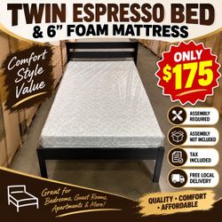 Twin espresso bed with 6” thick foam mattress. Assembly required. Assembly not included. Tax included. Free local delivery. $175.