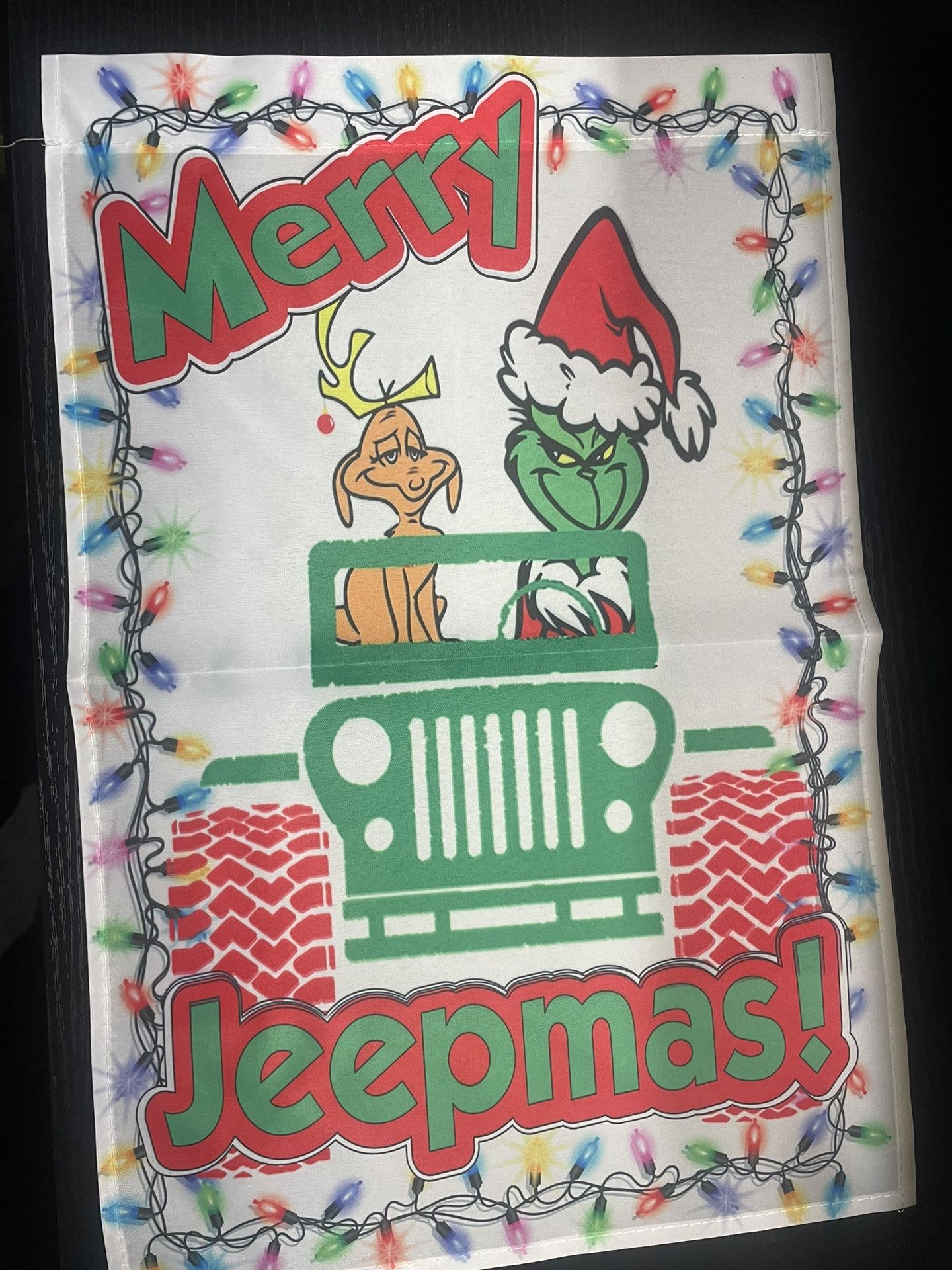 New - Merry Jeepmas Grinch Christmas Garden Flag