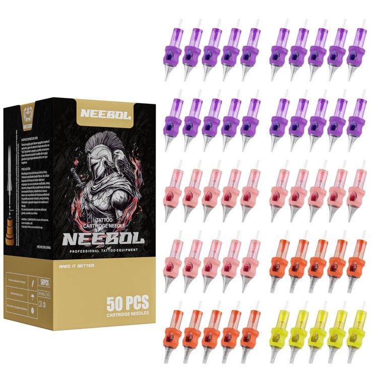 50pcs Neebol Tattoo Cartridge Needles Disposable Assorted Mixed Sizes Tattoo Needles #12 Standard Round Liner Shader Magnum for Tattoo Pen Machine