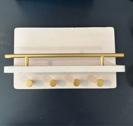 Entry Way Wall Mount with Shelf; 4 Hooks (White/Gold)