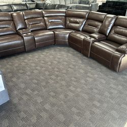 Dark Brown Real Leather Power Reclining Sectional 
