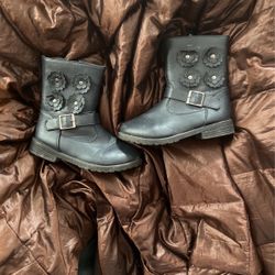 HONEY BUNNY BOOTS GIRLS 10 CHILD NAVY For flowers appliqué buckle side zip closure used well loved