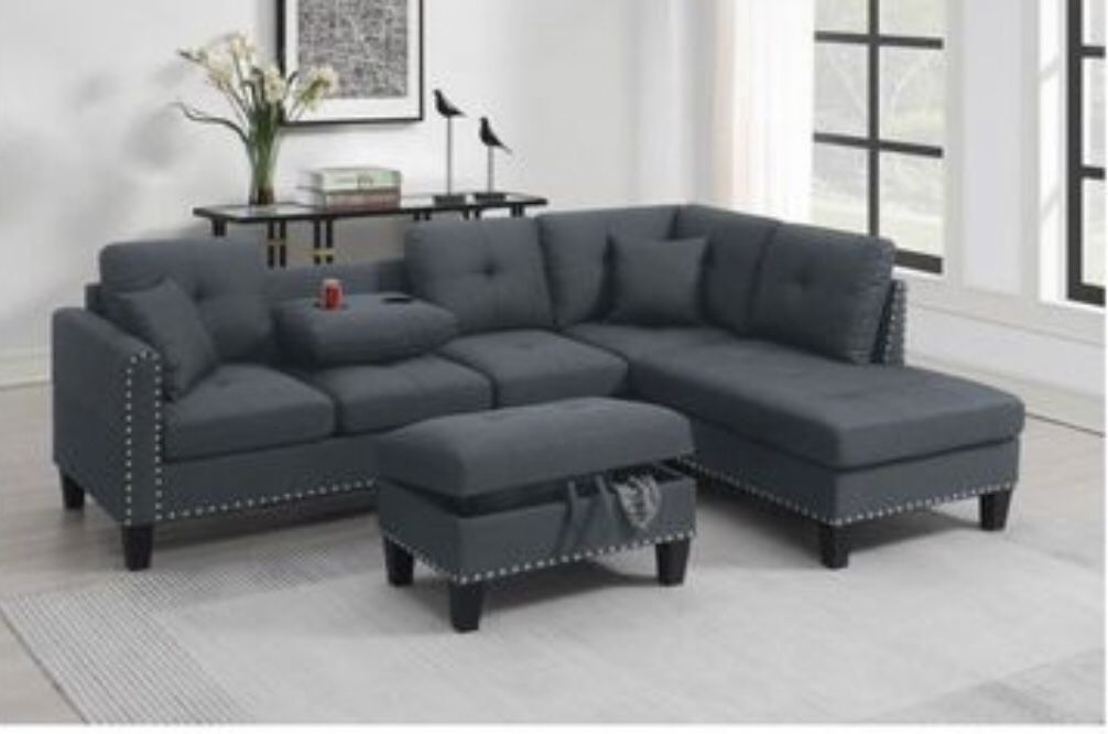 New Dark Gray Sectional And Ottoman Sofa Couch