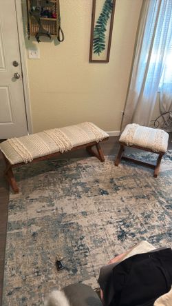 2 Wood Accent Benches with Woven Cushions (set)