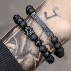 Men Obsidian Beads Bracelet With Crown Charm