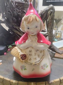 Hull Little Red Riding Hood Vintage 12.5" Cookie Jar w/Flowers Gold #967 Pottery