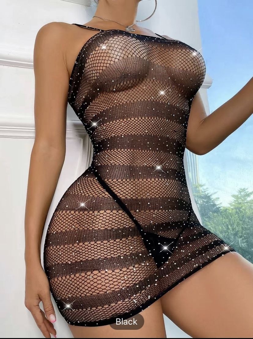 Women's Sexy Lingerie Fishnet Dress Rhinestones Beachwear