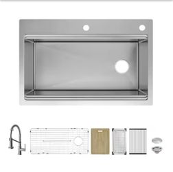 Dolancourt Tight Radius 33 in. Drop-In Single Bowl 18G Stainless Steel Workstation Kitchen Sink with Spring Neck Faucet=Pal-372