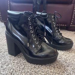 Black Lace Up Heeled  Boots 