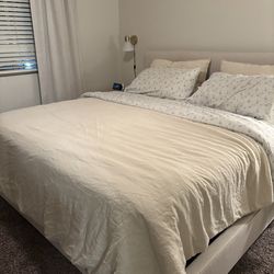 King matress with bed frame and headboard ( oatmeal color headboard)