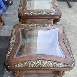 Set of 2 Decorative Wood End Tables w/ Glass Tops