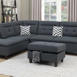 Brand New Black 3pc Sectional Sofa With Storage Ottoman 