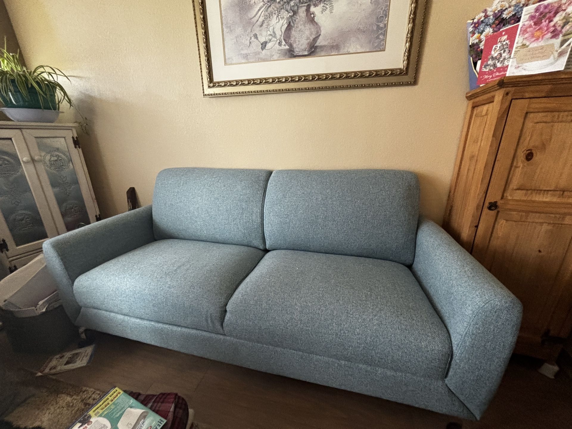 Modern Light Blue Couch & Armchair Set - Excellent Condition
