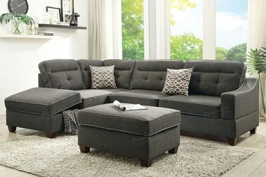 Brand new ash black linen reversible sectional + ottoman