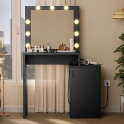  Black Vanity Desk with Charging Station, Makeup Vanity Desk with Mirror and Lights, Vanity Table for Bedroom
