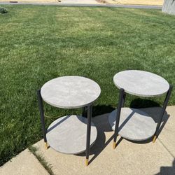 Set of 2 .Round Side Table, 15.3" End Table with 2 Wooden Shelves for Living Room, Bedroom, Nightstand with Steel Frame for Small Spaces