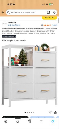 White Dresser for Bedroom, 5 Drawer Small Fabric Closet Dresser Small Chest of Drawers, Storage Cabinet Organizer with 2 Tier Shelf, Closet Drawer Uni