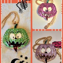 You choose!! Rhinestone Pumpkin pendant necklace...Green, raspberry or purple