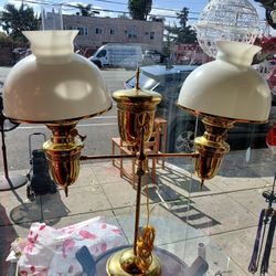 Antique 1870s Art Deco Victorian Double Student Lamp Brass Converted Oil to Elec